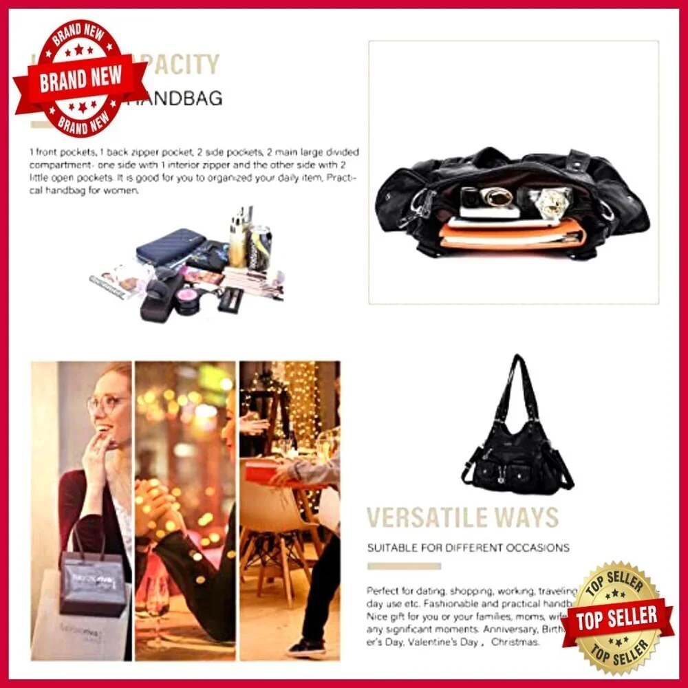 Soft PU Leather Hobo Shoulder Bag with Adjustable Strap, 3 Pockets